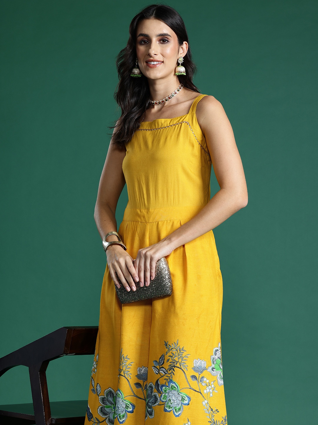 

Sangria Gota Adorned Floral Printed Jumpsuit, Mustard