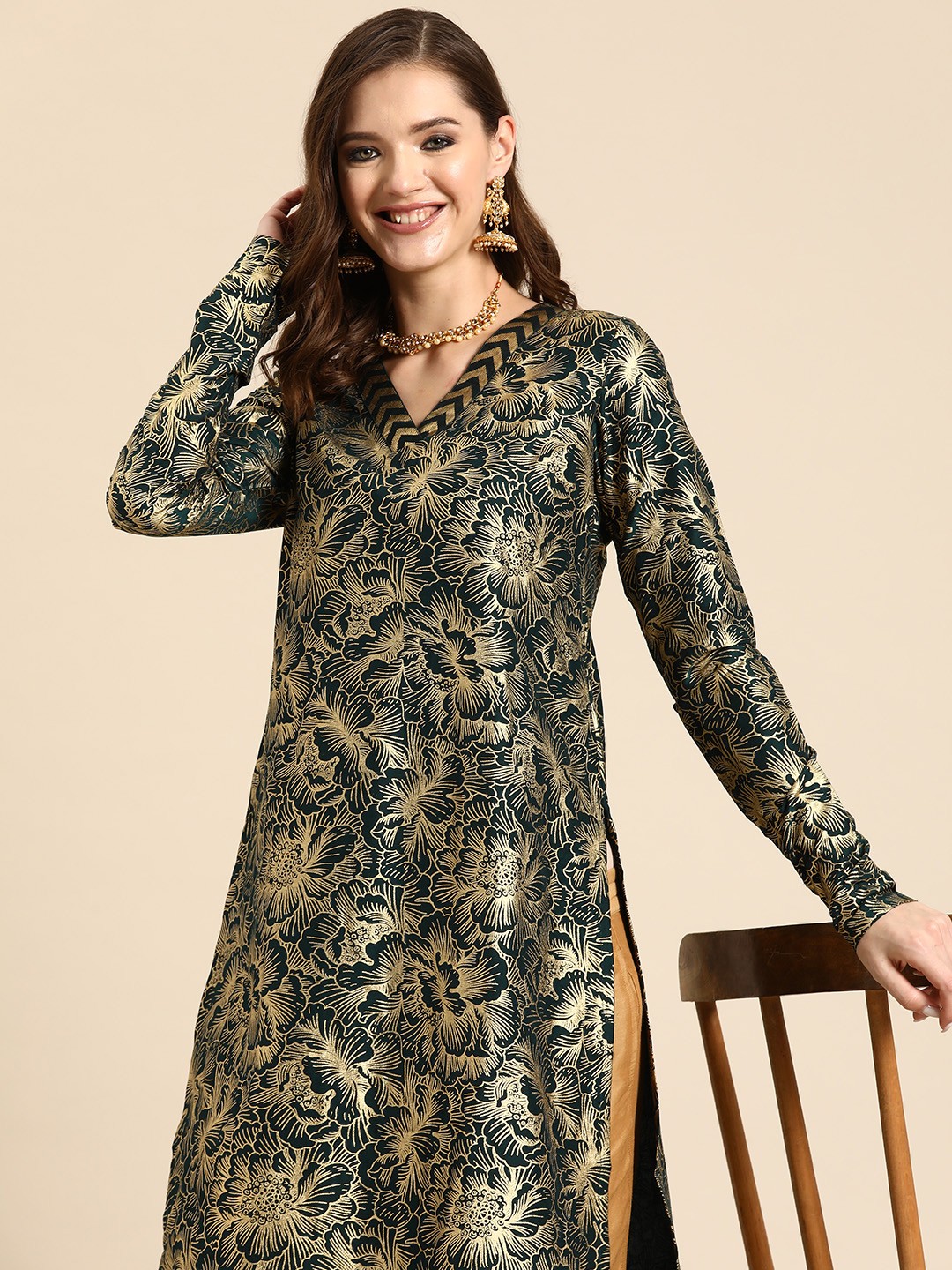 

Sangria Foil Print Cotton Kurta, Green