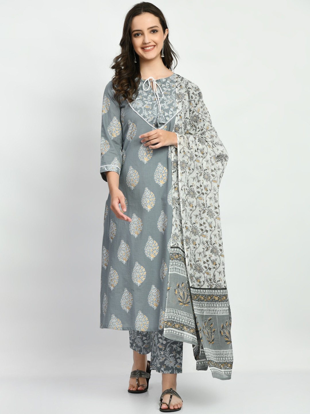 

KALINI Ethnic Motifs Printed Regular Pure Cotton Kurta With Trousers & Dupatta, Grey