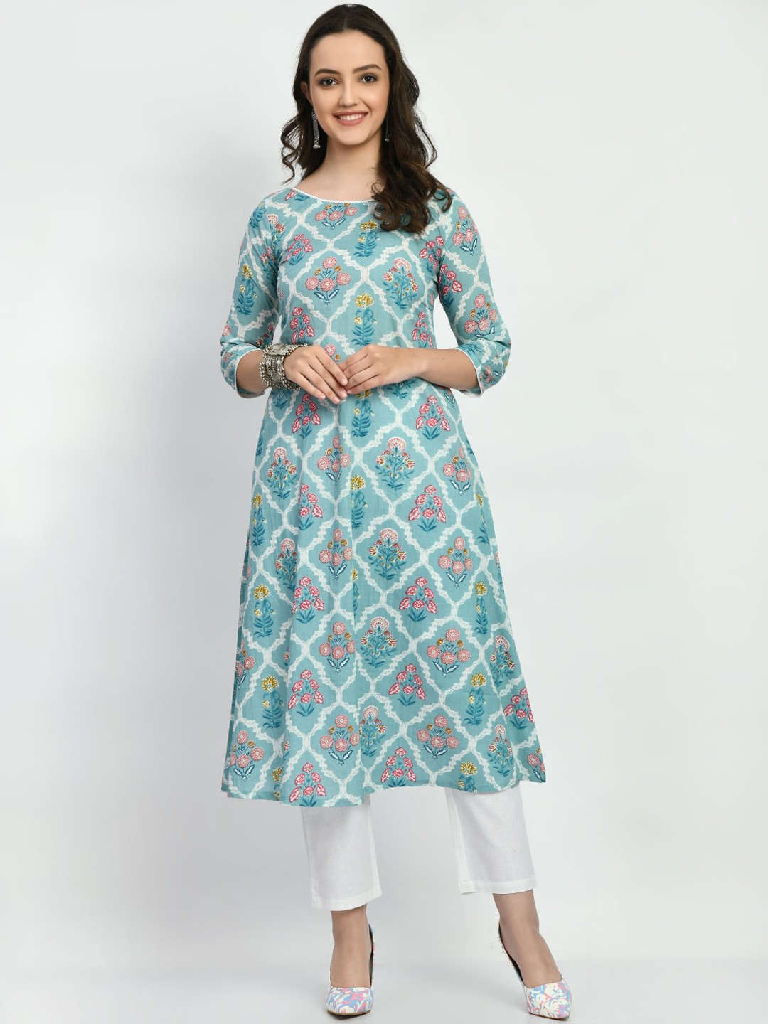 

KALINI Floral Printed Regular Pure Cotton Kurta With Trousers & Dupatta, Blue