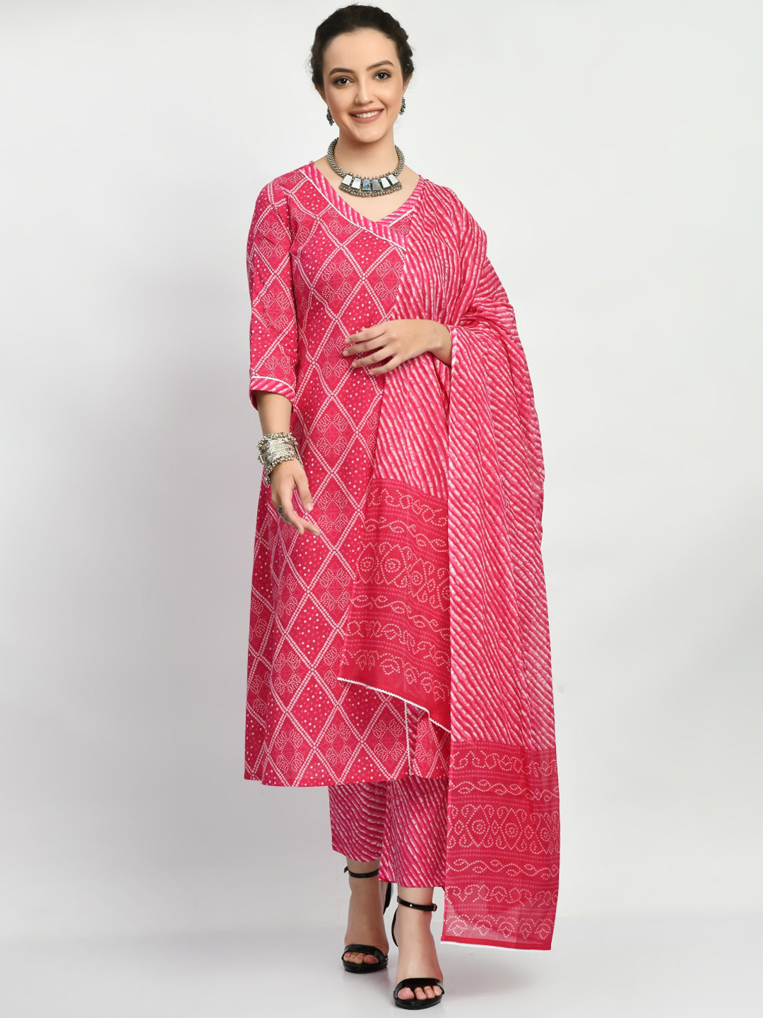 

KALINI Bandhani Printed Angrakha Pure Cotton Kurta with Trousers & With Dupatta, Magenta