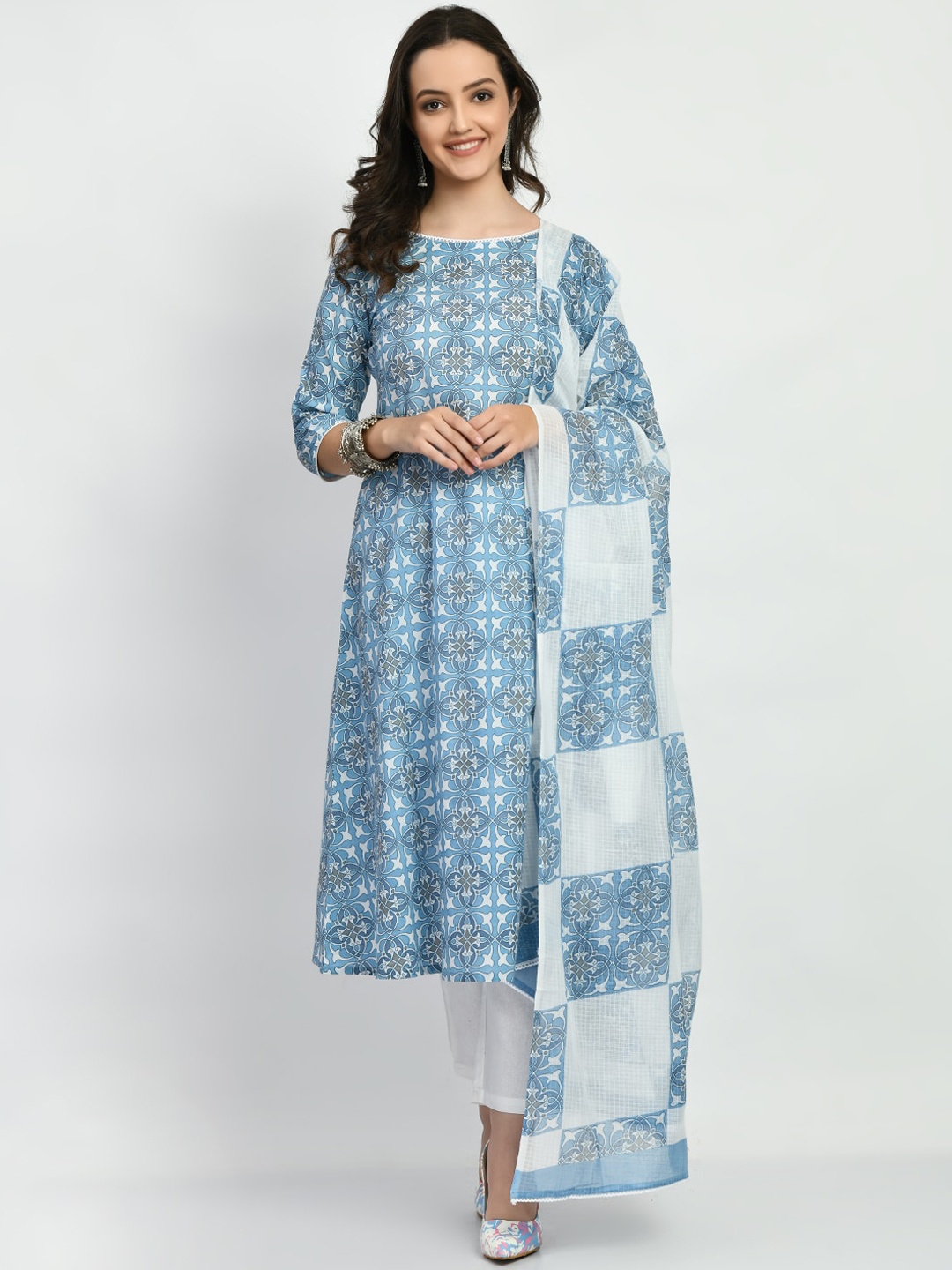

KALINI Ethnic Motifs Printed Regular Pure Cotton Kurta with Trousers & With Dupatta, Blue