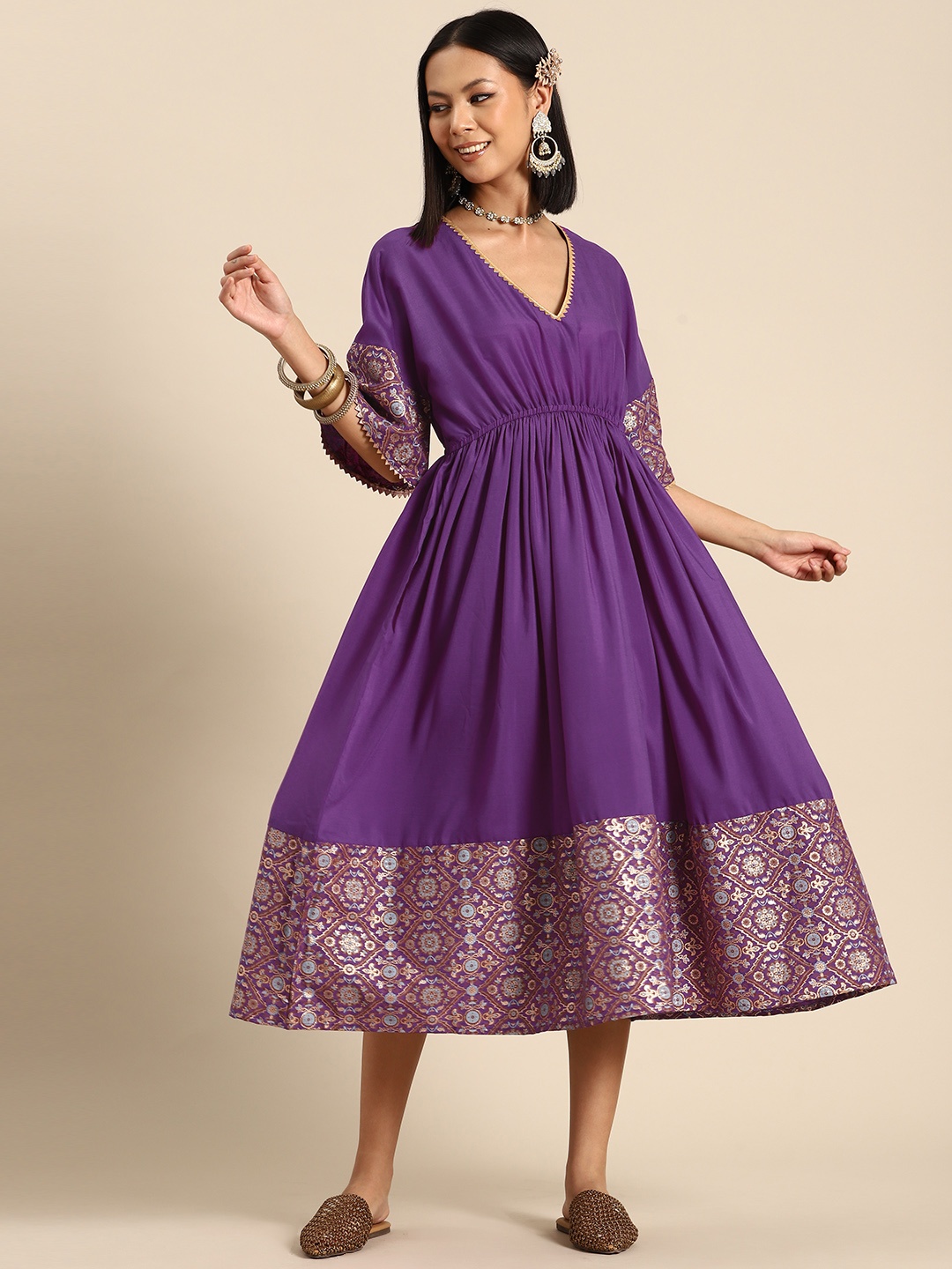 

Sangria Ethnic Motifs Printed Fit & Flare Midi Dress, Purple