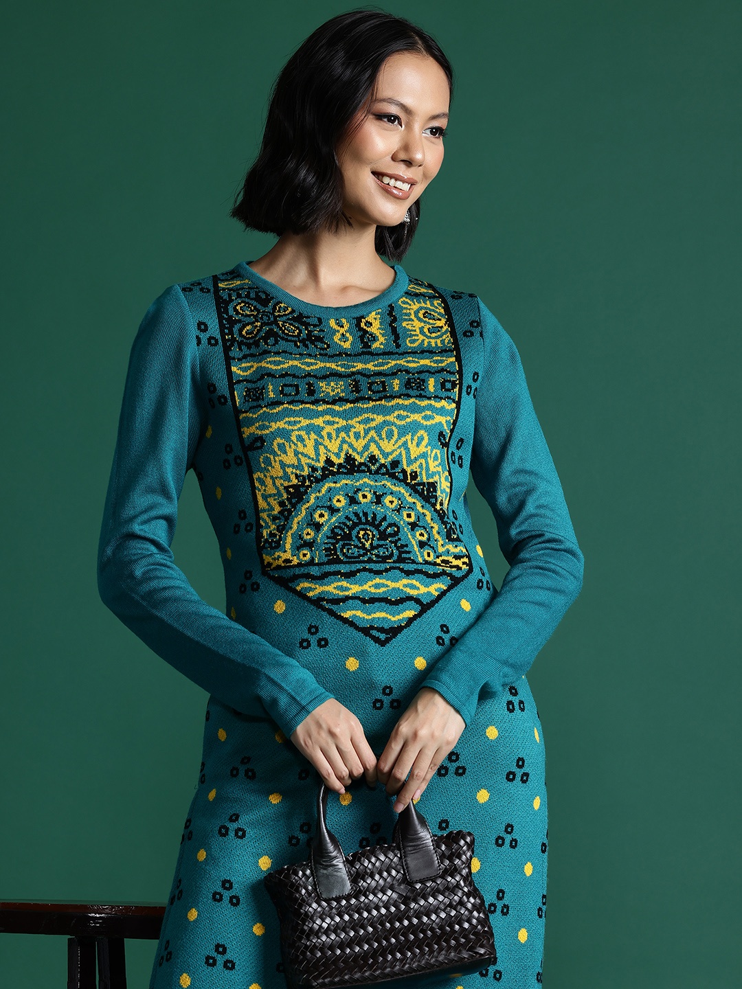 

Sangria Acrylic Ethnic Motifs Woven Design Winter Kurta, Teal