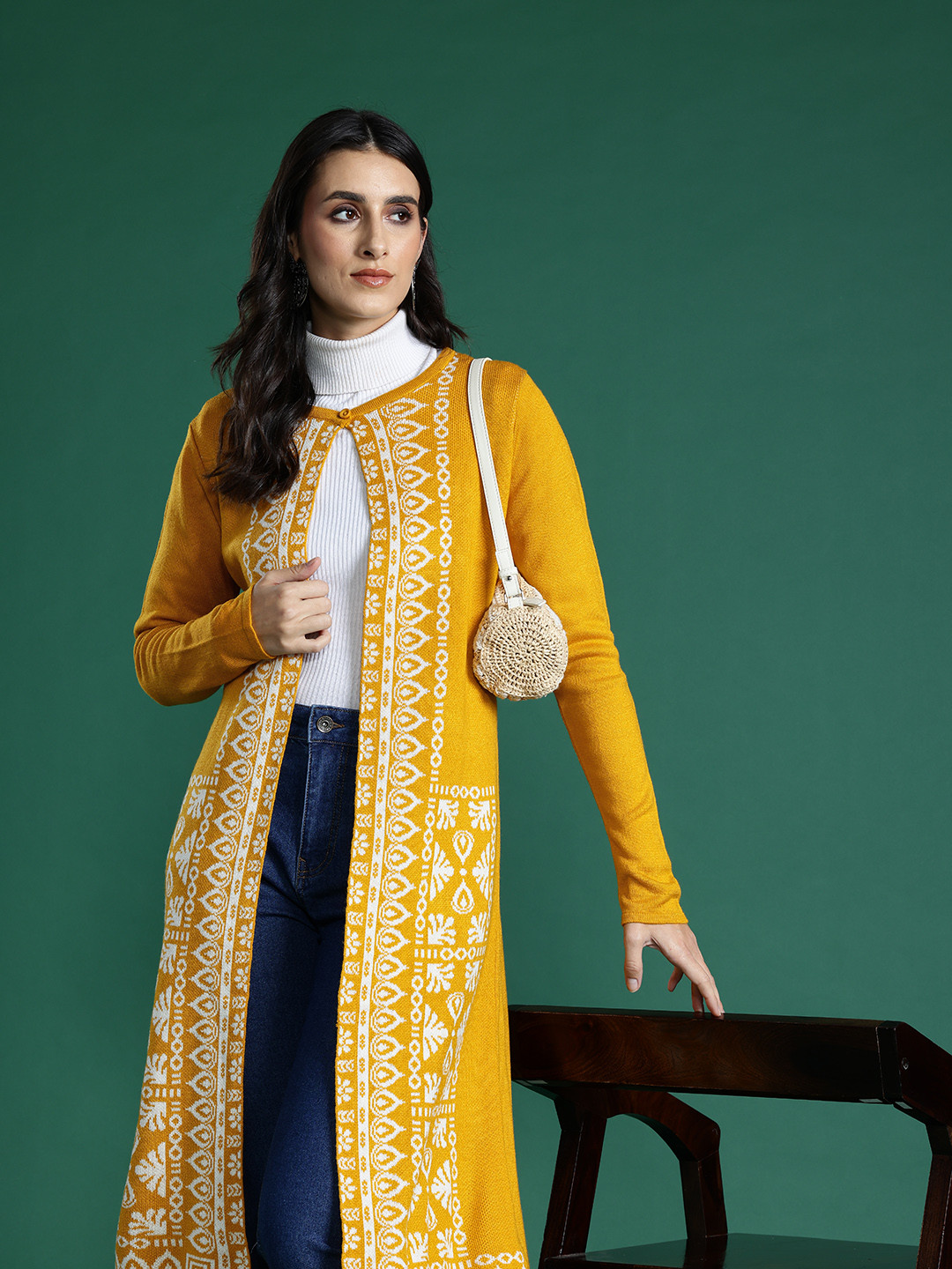 

Sangria Ethnic Woven Design Longline Acrylic Front-Open Sweater, Mustard