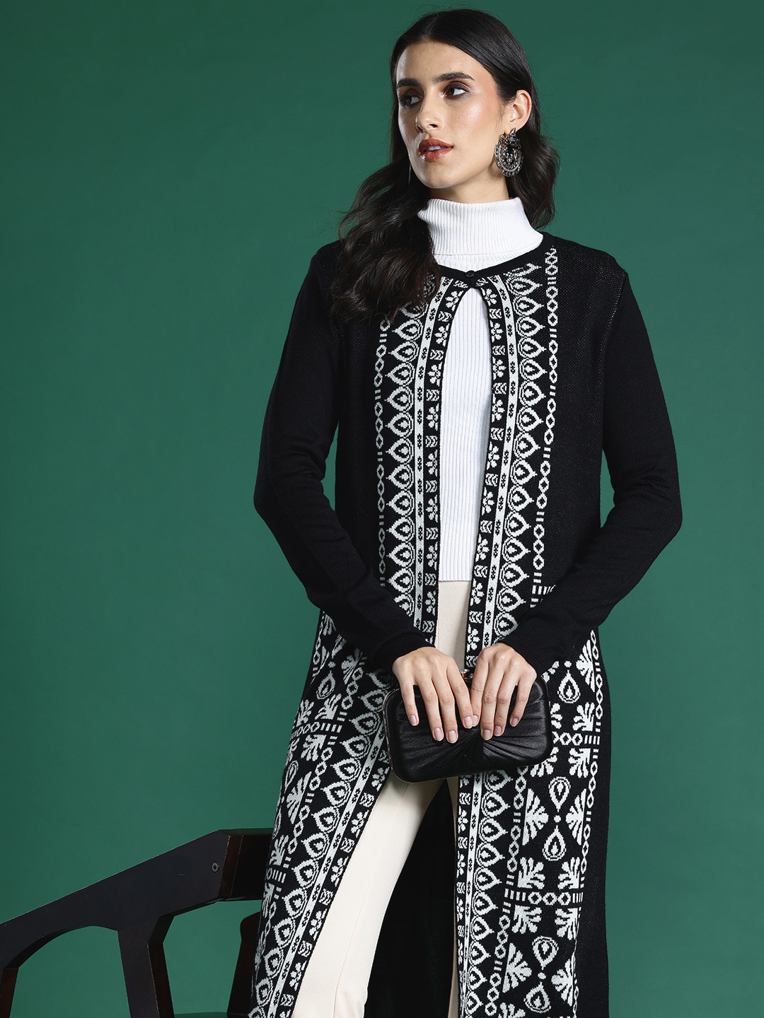 

Sangria Ethnic Woven Design Monochrome Longline Front-Open Sweater, Black