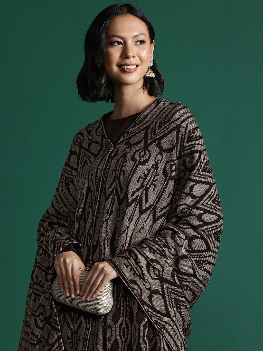 

Sangria Round Neck Acrylic A-Line Kurta with Woven Design Shawl, Brown