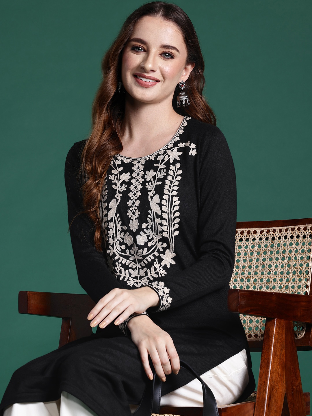 

Sangria Floral Yoke Design Knitted Winter Kurta, Black