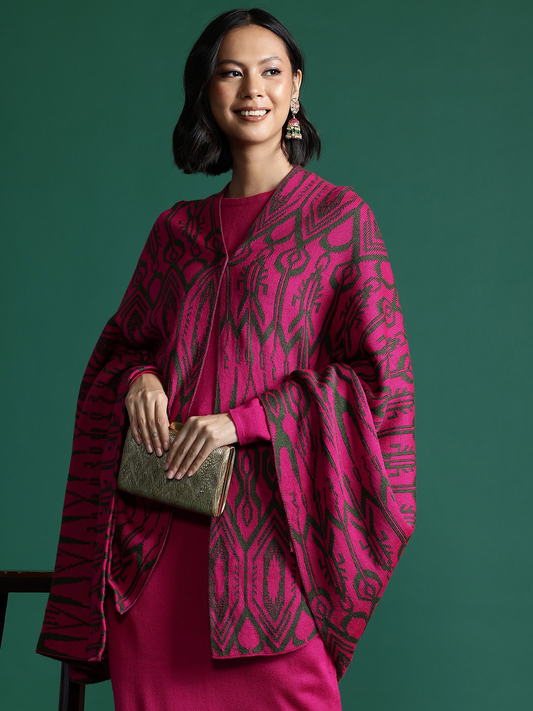 

Sangria Round Neck Acrylic A-Line Kurta with Woven Design Shawl, Pink