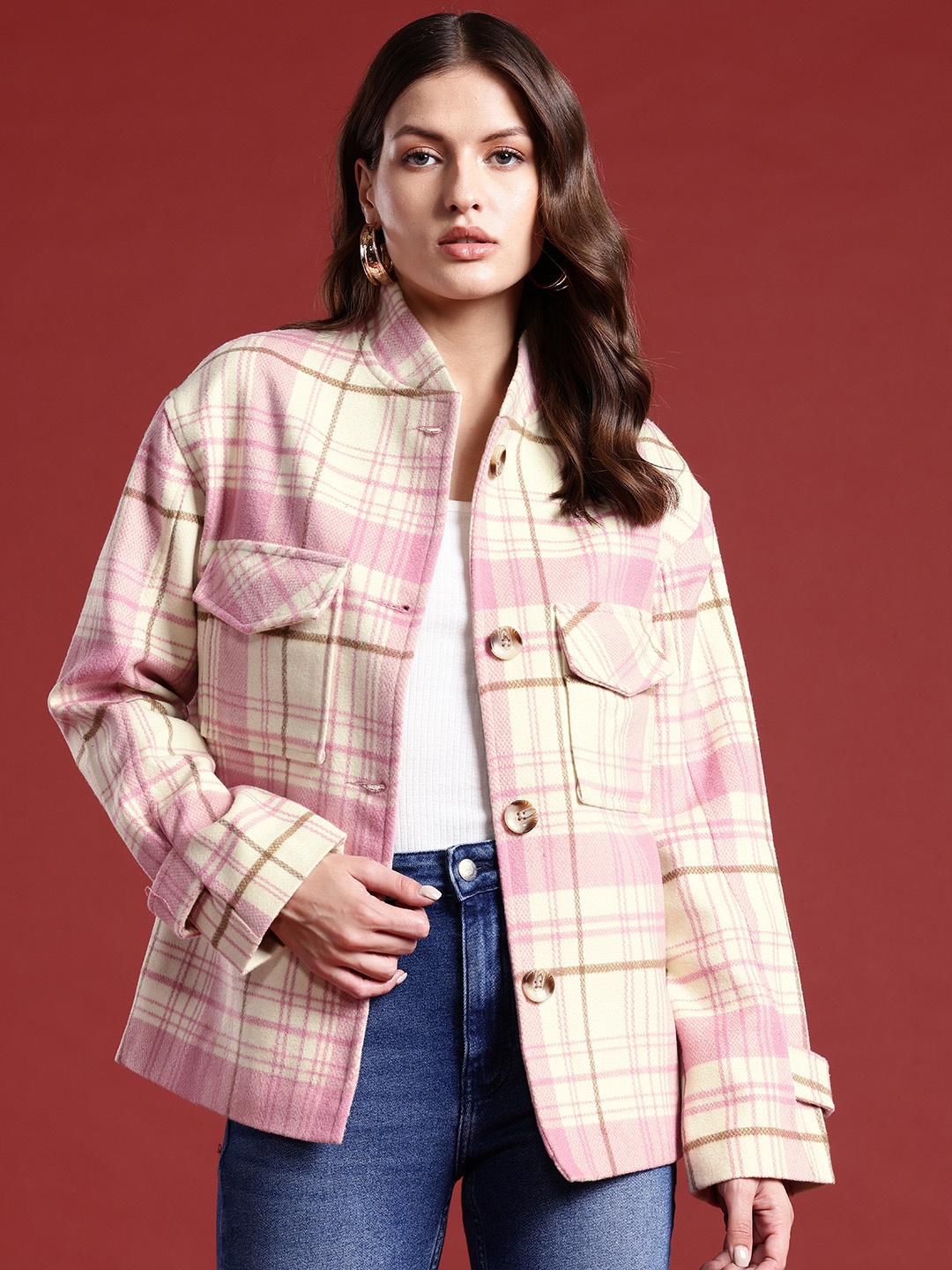 

all about you Checked Overcoat, Pink