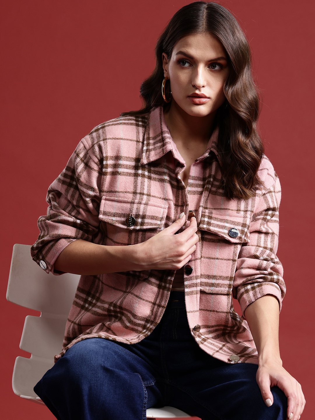 

all about you Checked Spread Collar Opaque Casual Shacket, Pink