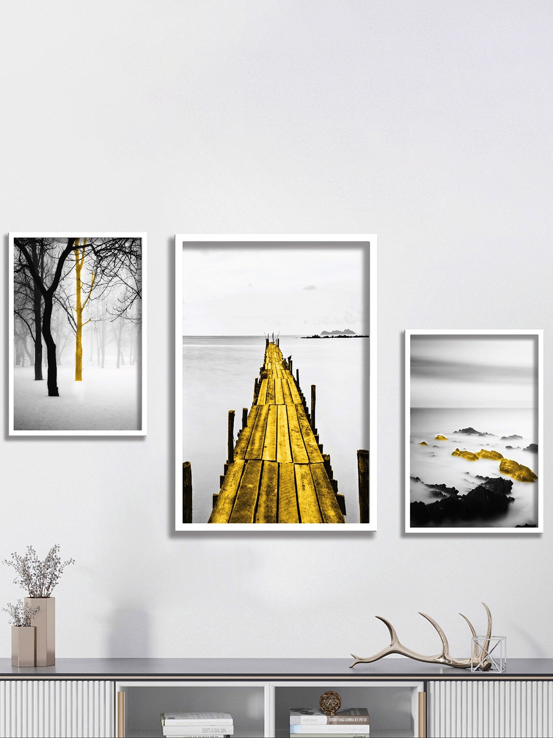 

SAF White & Yellow 3 Pieces Painting Wall Art