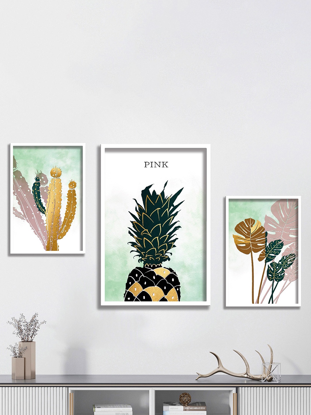 

SAF White & Green 3 Pieces Framed Modern Wall Art