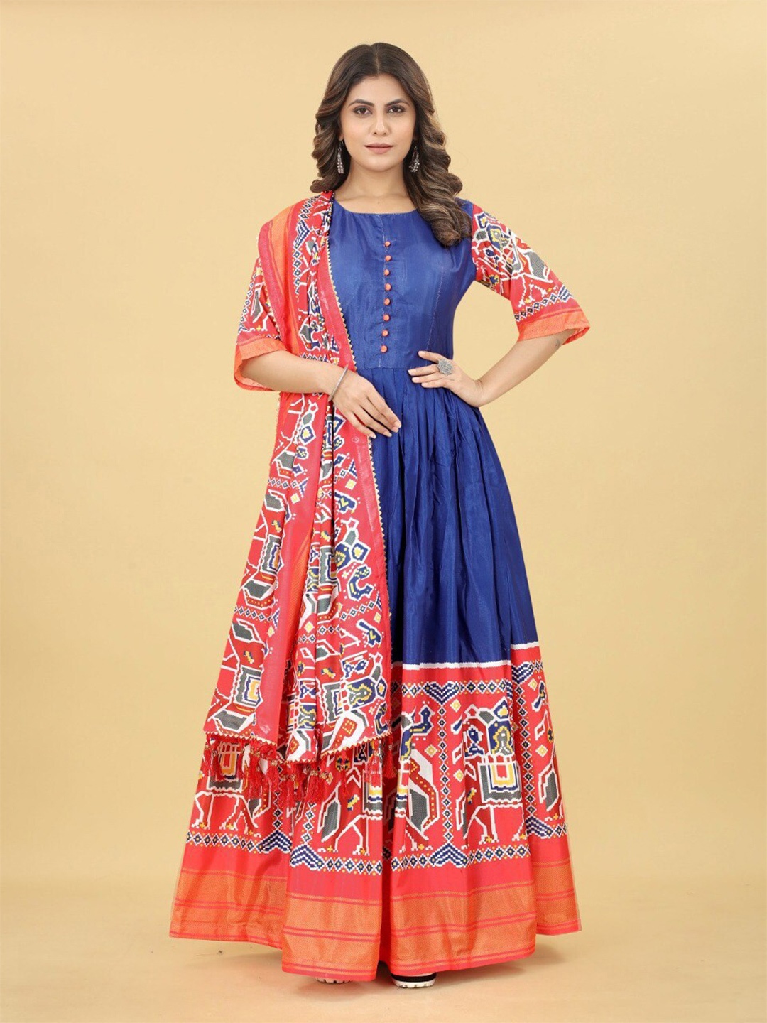 

MARGI DESIGNERS Ethnic Printed Fit & Flare Maxi Ethnic Dress With Dupatta, Blue