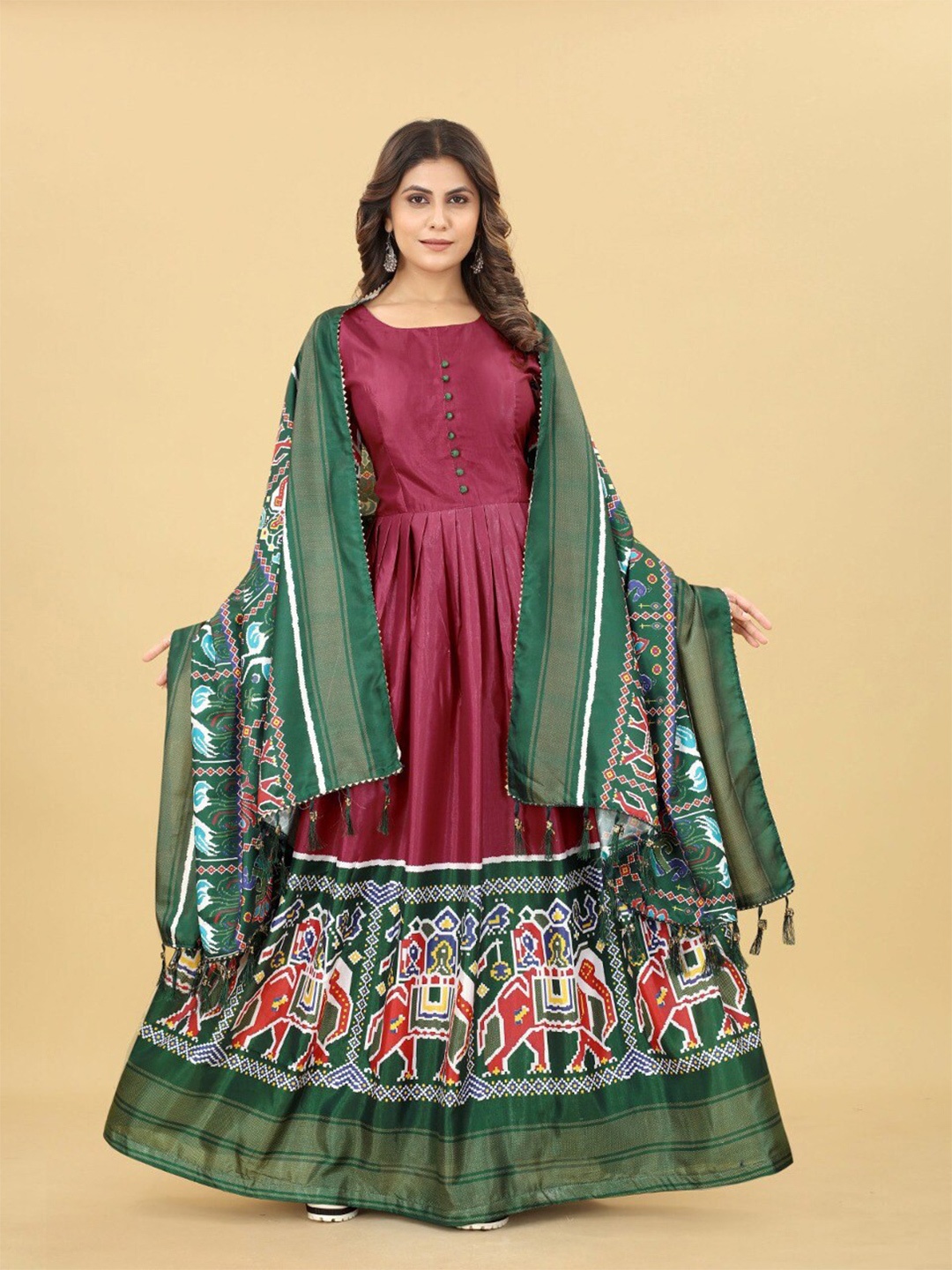 

MARGI DESIGNERS Ethnic Printed Fit & Flare Maxi Ethnic Dress With Dupatta, Brown