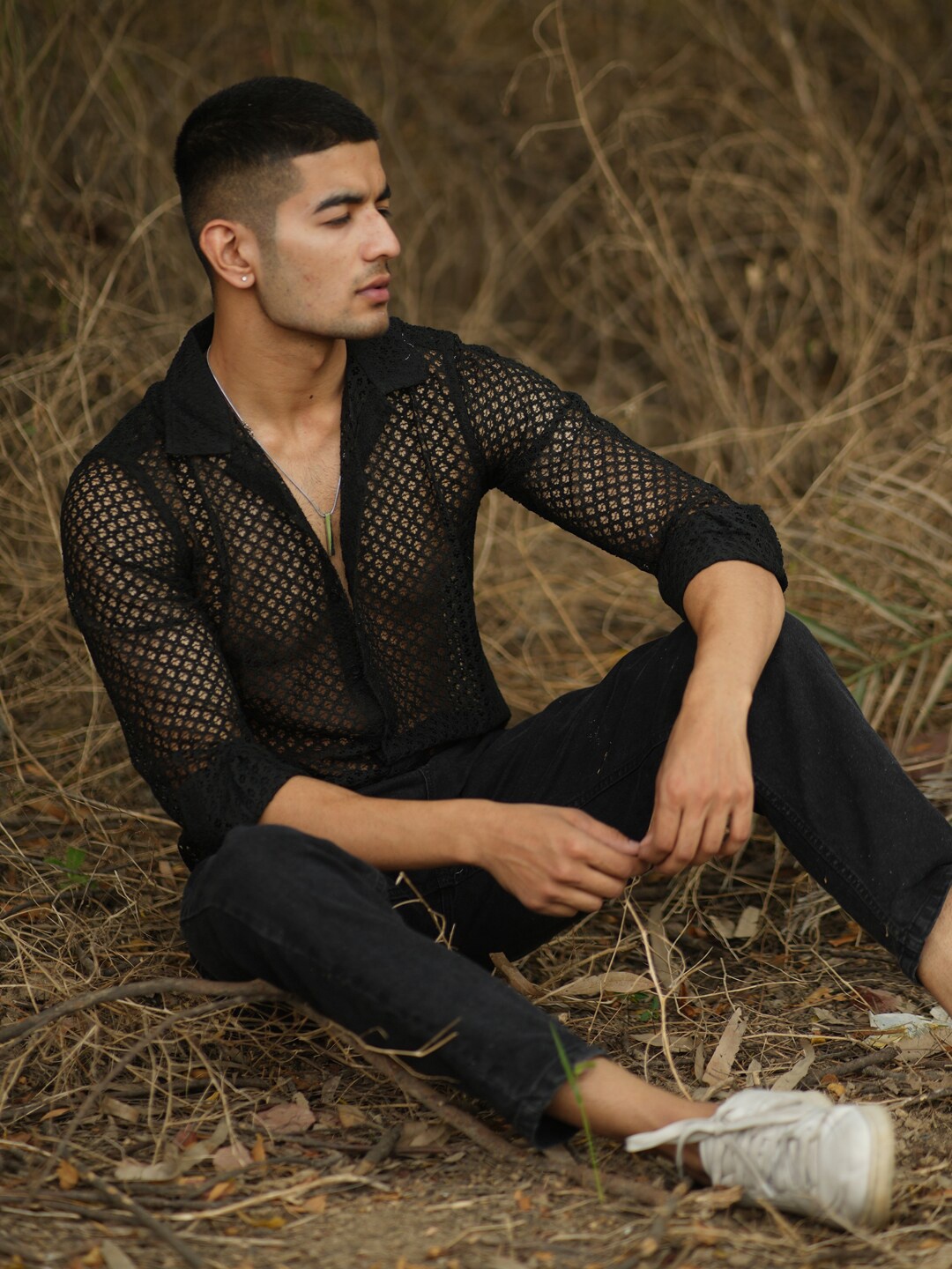 

Powerlook Black Indian Slim Sheer Self Design Casual Crochet Shirt