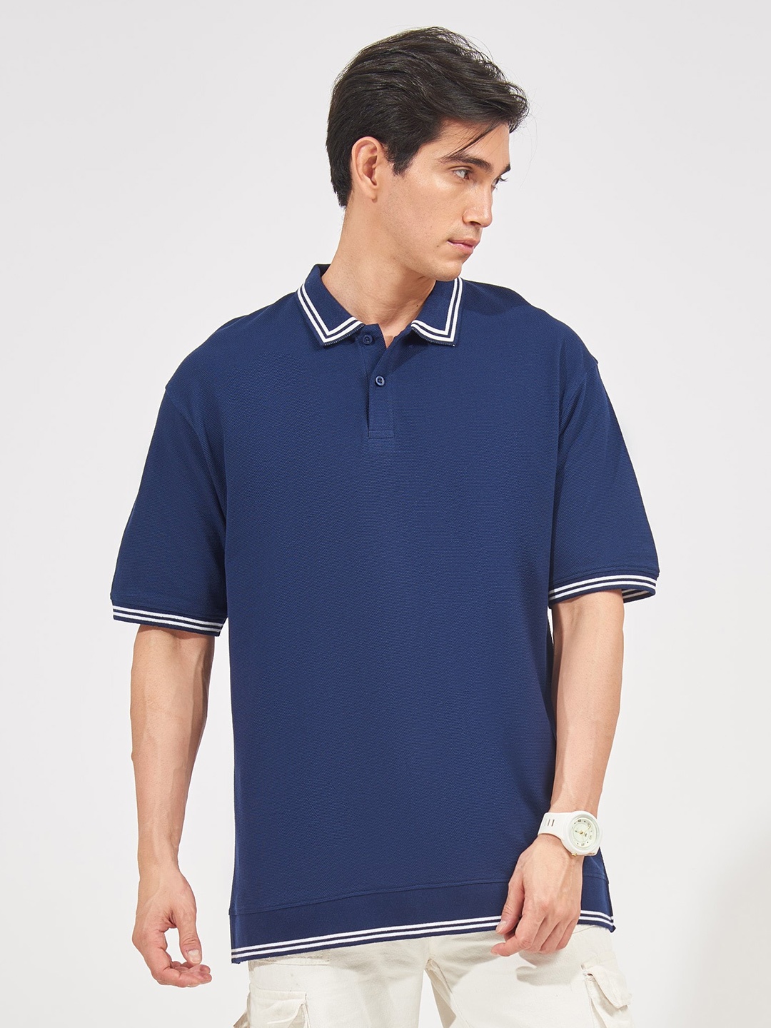 

Maniac Polo Collar Short Sleeves Over Sized Cotton T-shirt, Blue