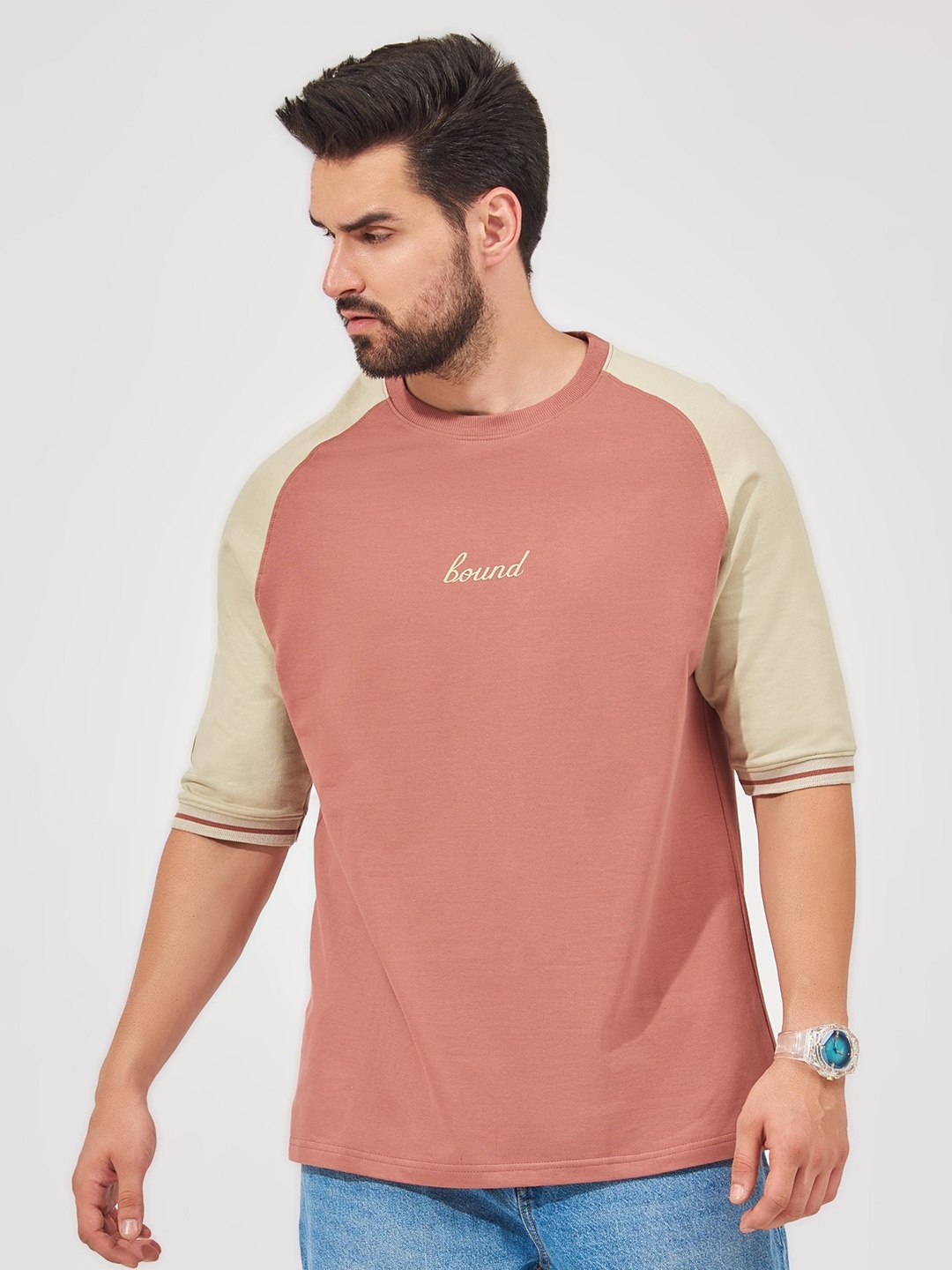 

Maniac Colourblocked Raglan Sleeves Cotton T-Shirt, Peach