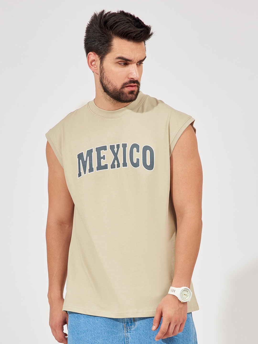 

Maniac Typography Printed Round Neck Cotton Oversized T-shirt, Beige