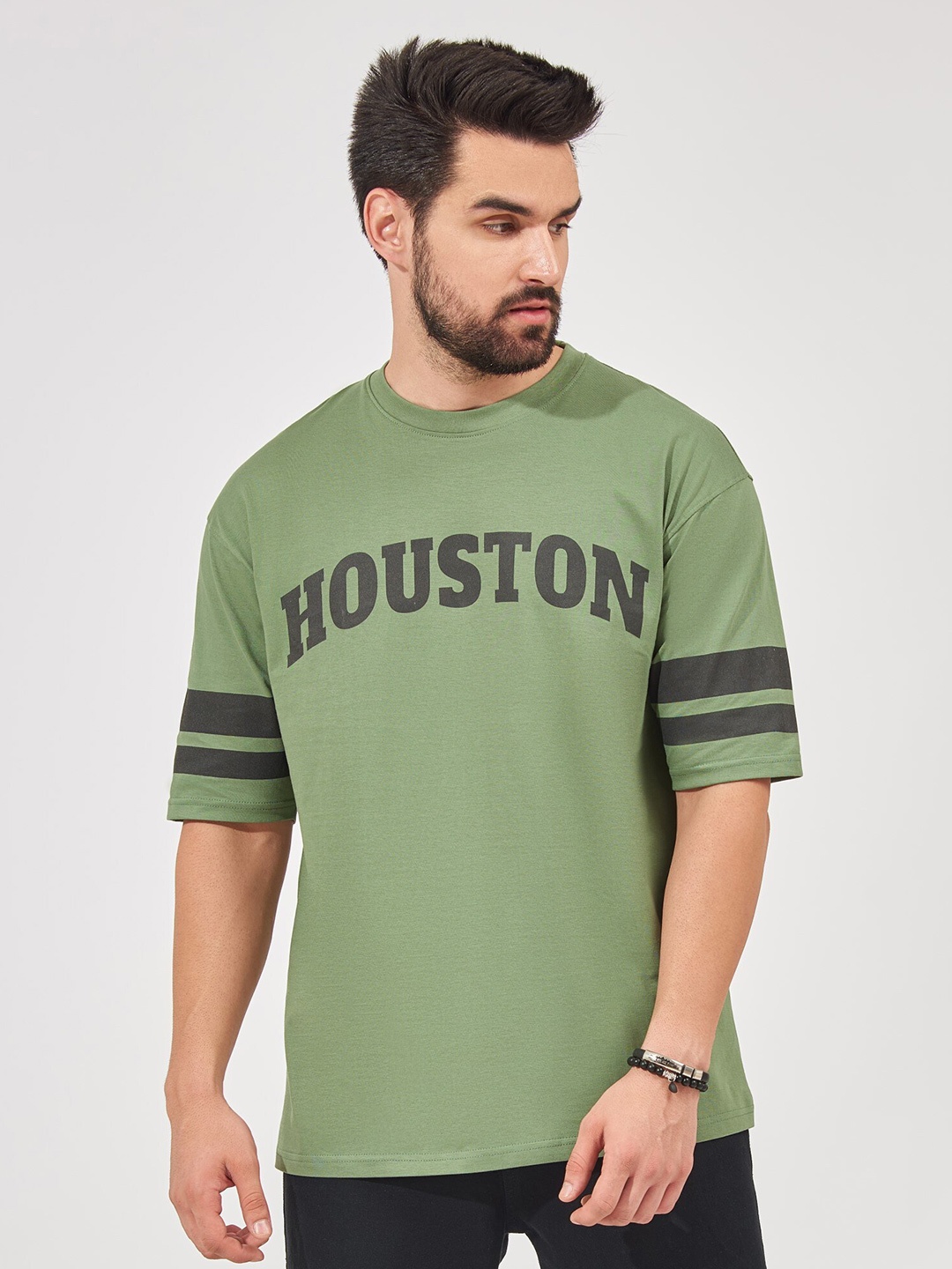Maniac Typography Printed Drop-Shoulder Sleeves Loose Fit Cotton T-shirt, Green