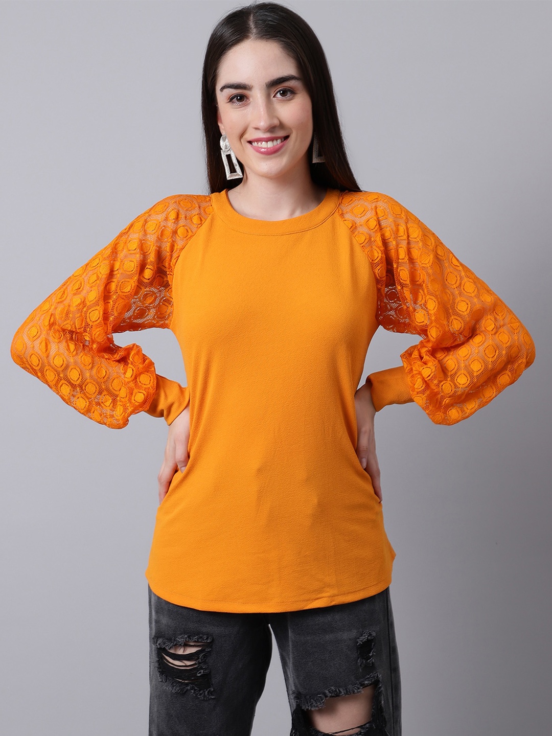 

Sugathari Self Design Lace Puff Sleeves Top, Mustard