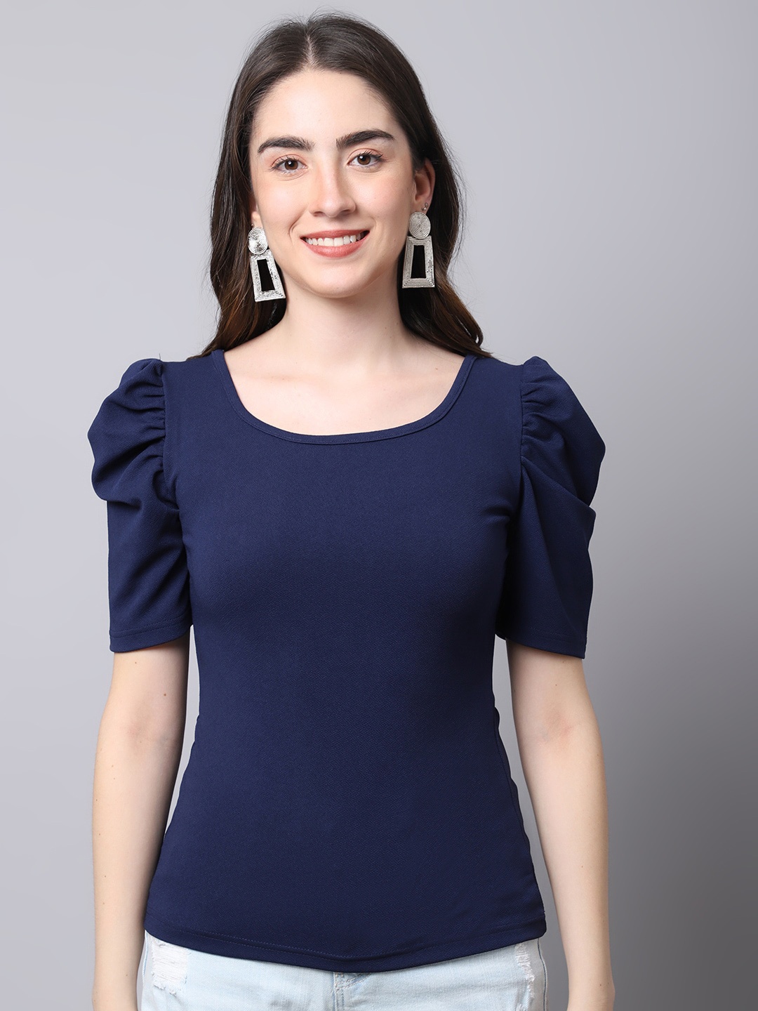 

Sugathari Round Neck Puff Sleeves Top, Navy blue