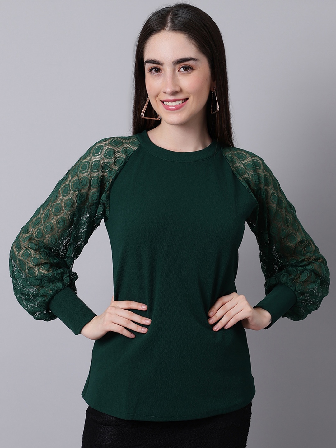 

Sugathari Self Design Cuffed Sleeves Top, Green