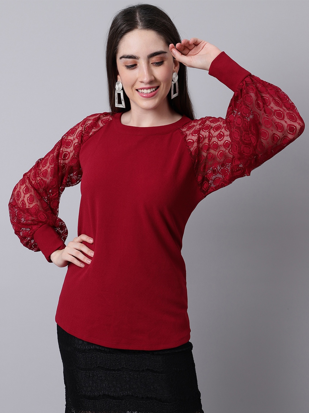 

Sugathari Self Design Cuffed Sleeves Top, Maroon