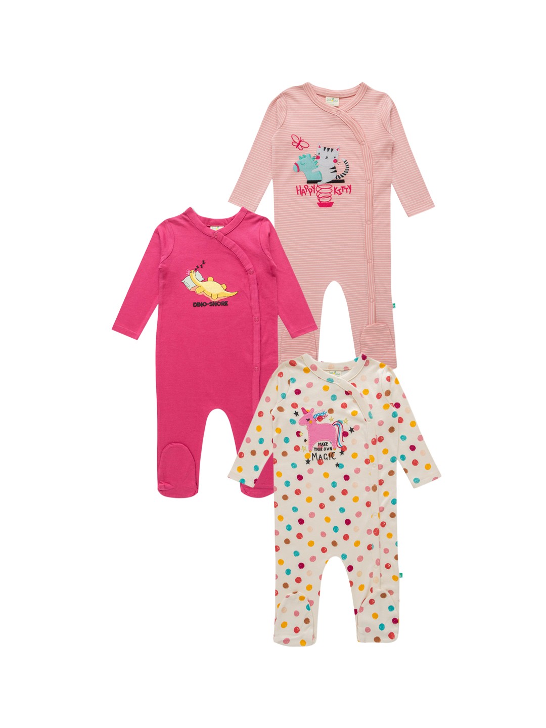 

JusCubs Infants Girls Pack Of 3 Printed Organic Cotton Sleepsuits, Pink