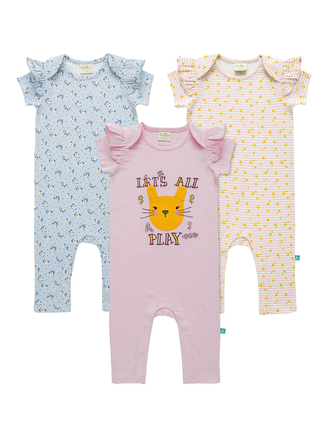 

JusCubs Infants Girls Pack Of 3 Cotton Printed Rompers, Blue