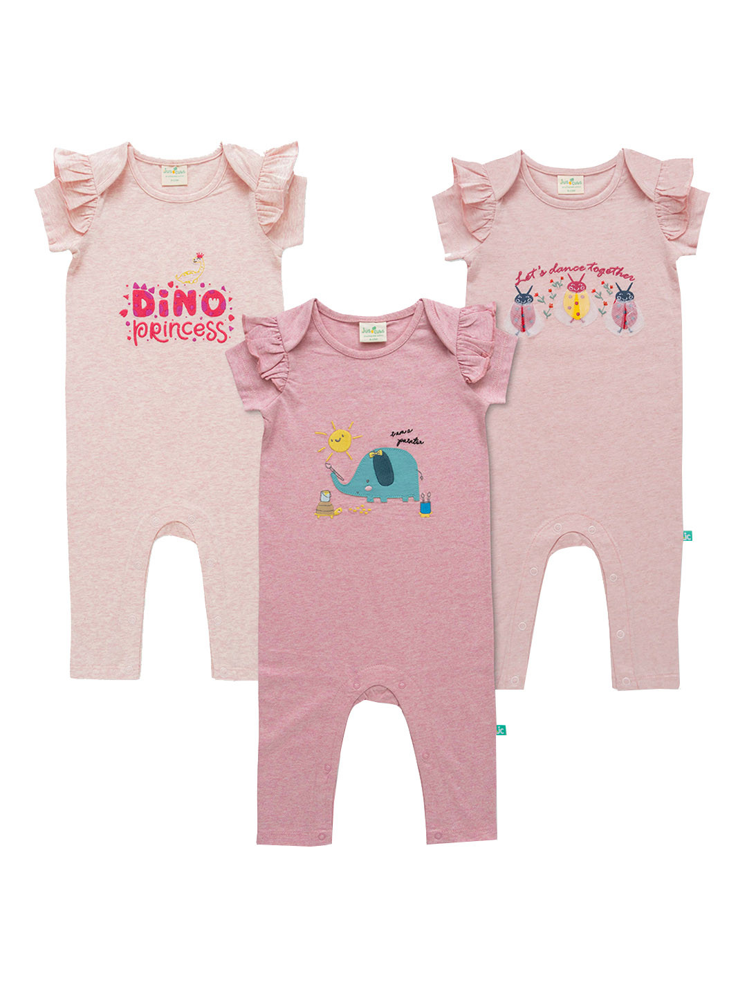 

JusCubs Infant Girls Pack Of 3 Embroidered Cotton Rompers, Peach
