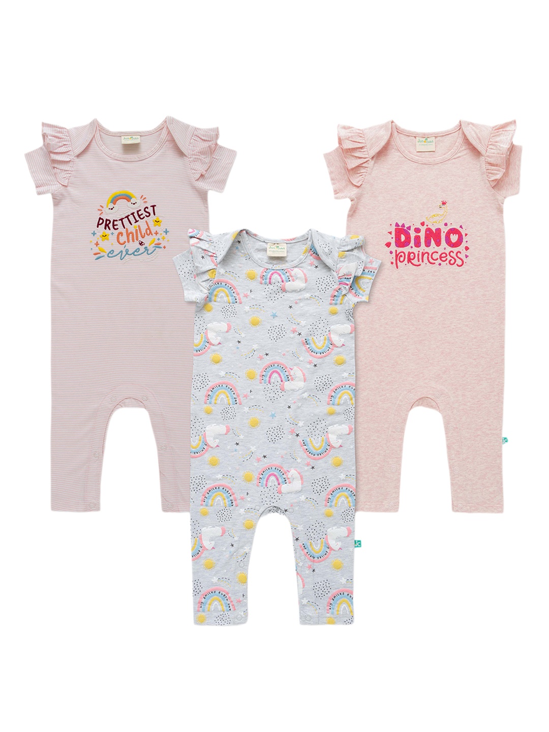 

JusCubs Infant Girls Pack Of 3 Printed Cotton Rompers, Grey
