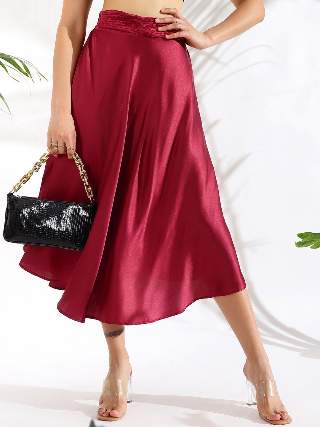 

KASSUALLY Maroon A-Line Satin Midi Skirt