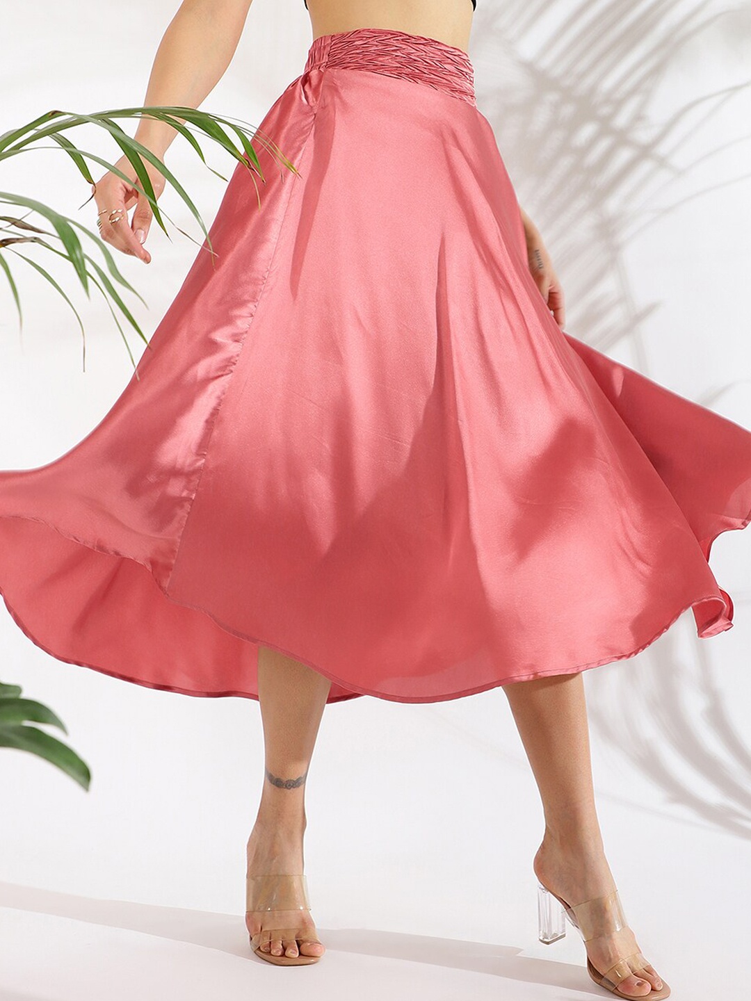 

KASSUALLY Pink A Line Flared Satin Midi Skirt, Peach