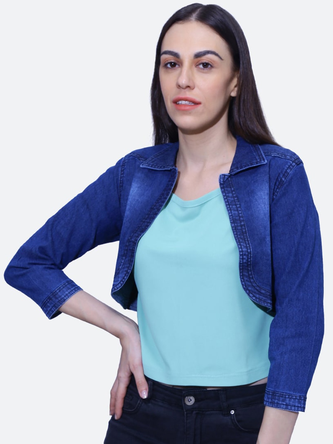 

FCK-3 Without Button Crop Cotton Denim Jacket, Blue