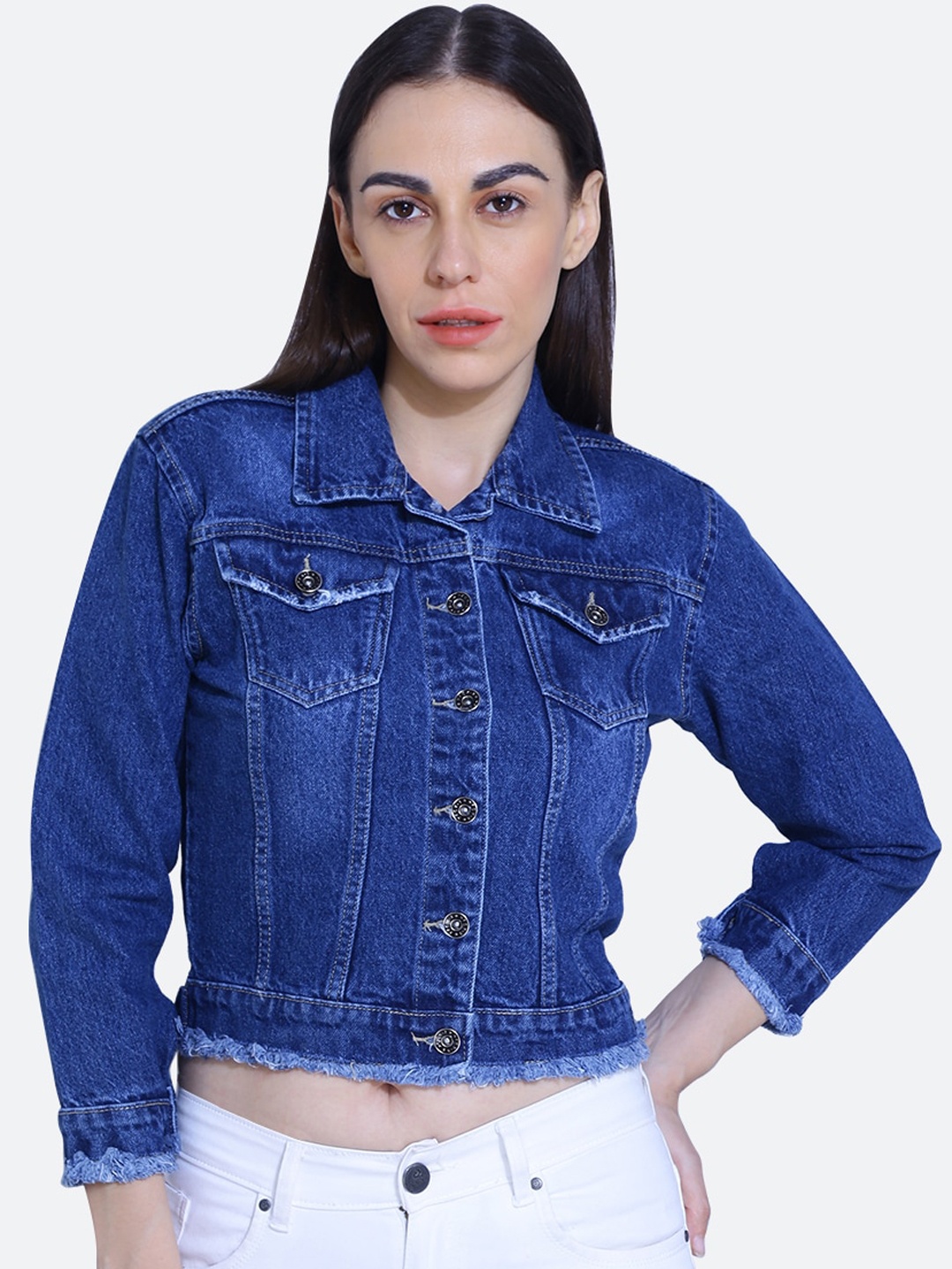 

FCK-3 Frayed Washed Crop Cotton Denim Jacket, Blue