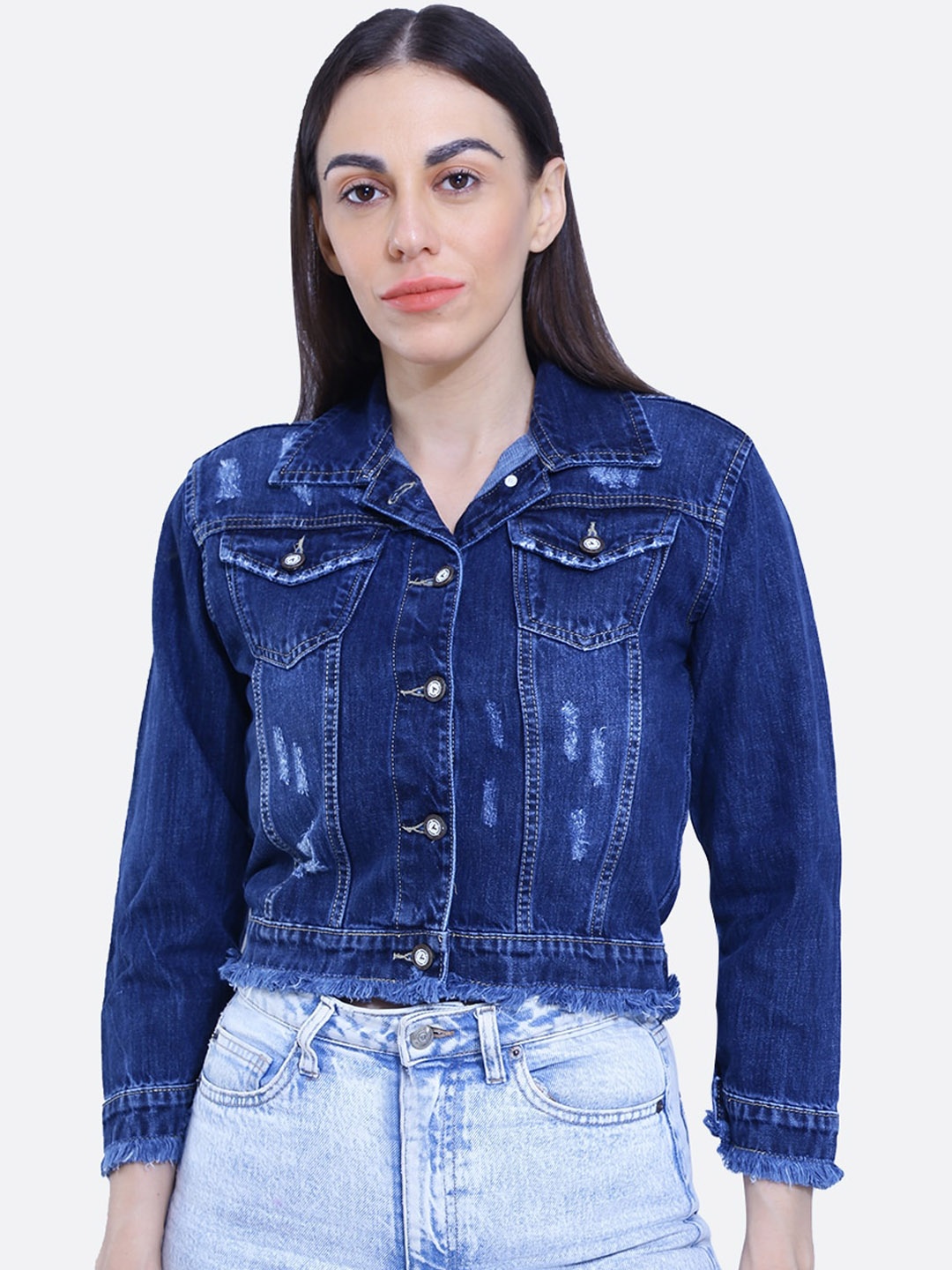 

FCK-3 Ripped Washed Crop Cotton Denim Jacket, Blue