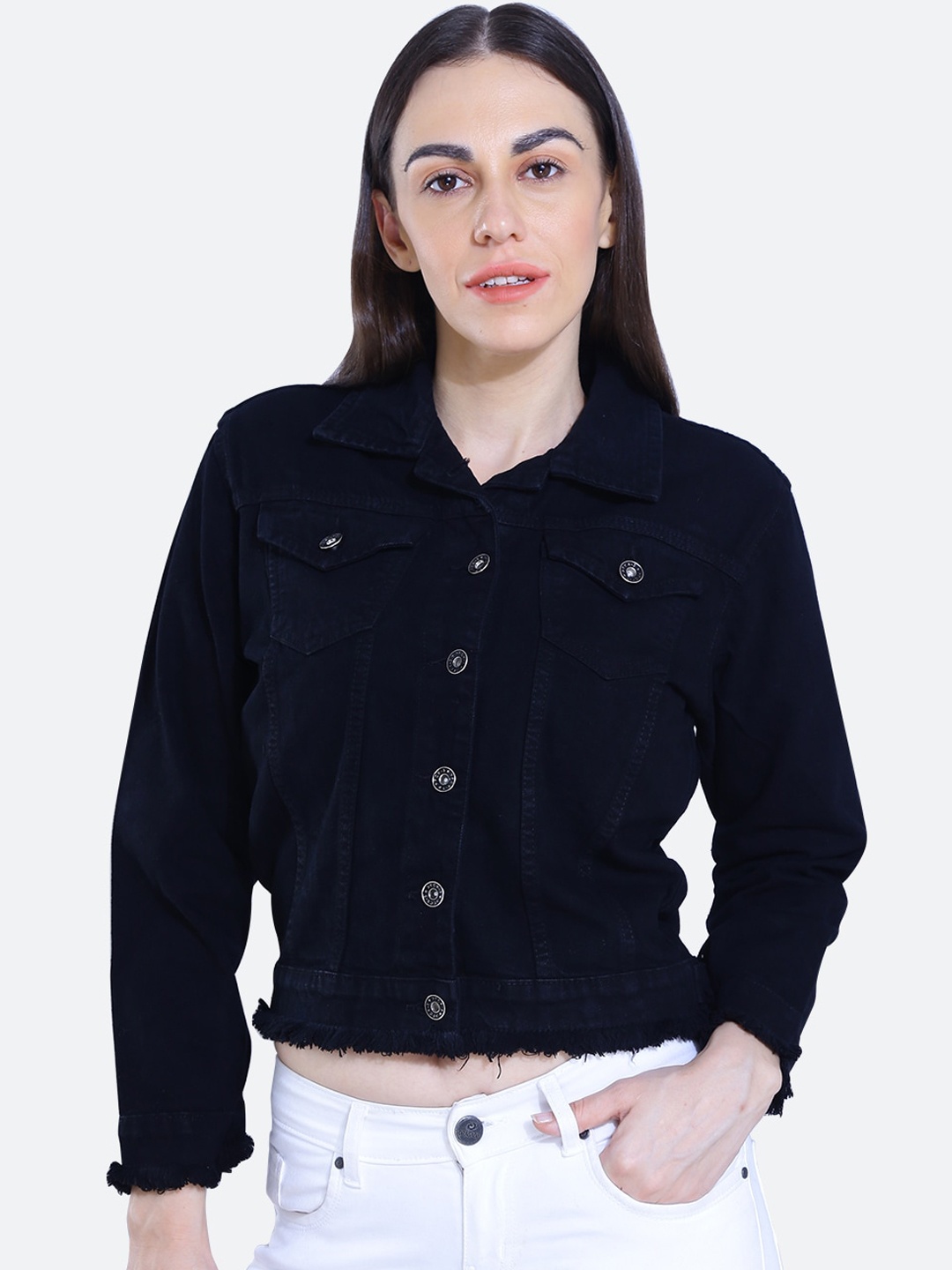 

FCK-3 Frayed Washed Crop Cotton Denim Jacket, Black
