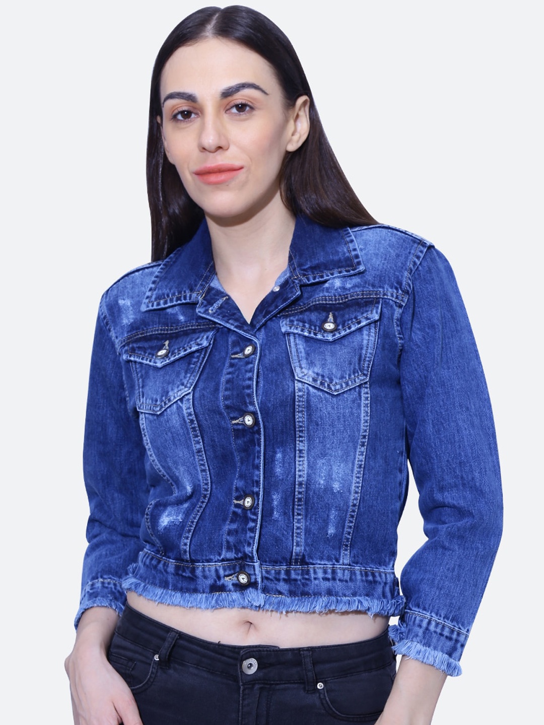 

FCK-3 Frayed Washed Crop Cotton Denim Jacket, Blue