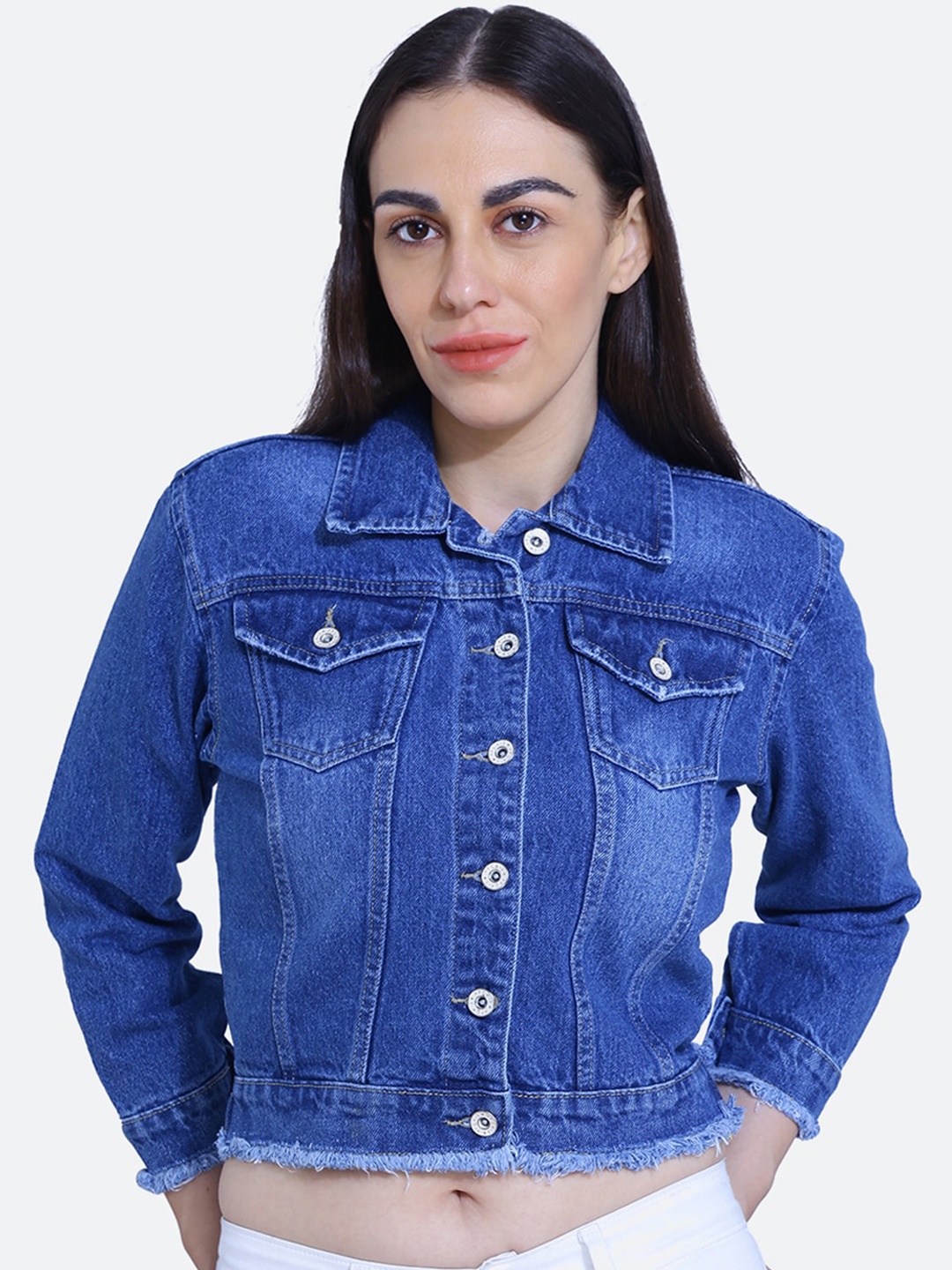 

FCK-3 Frayed Washed Crop Cotton Denim Jacket, Blue