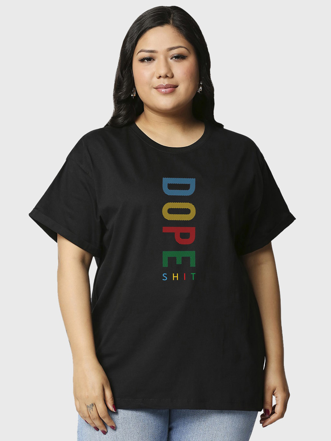 

Bewakoof Dope Shit Typography Print Plus Size Boyfriend Fit T-shirt, Black