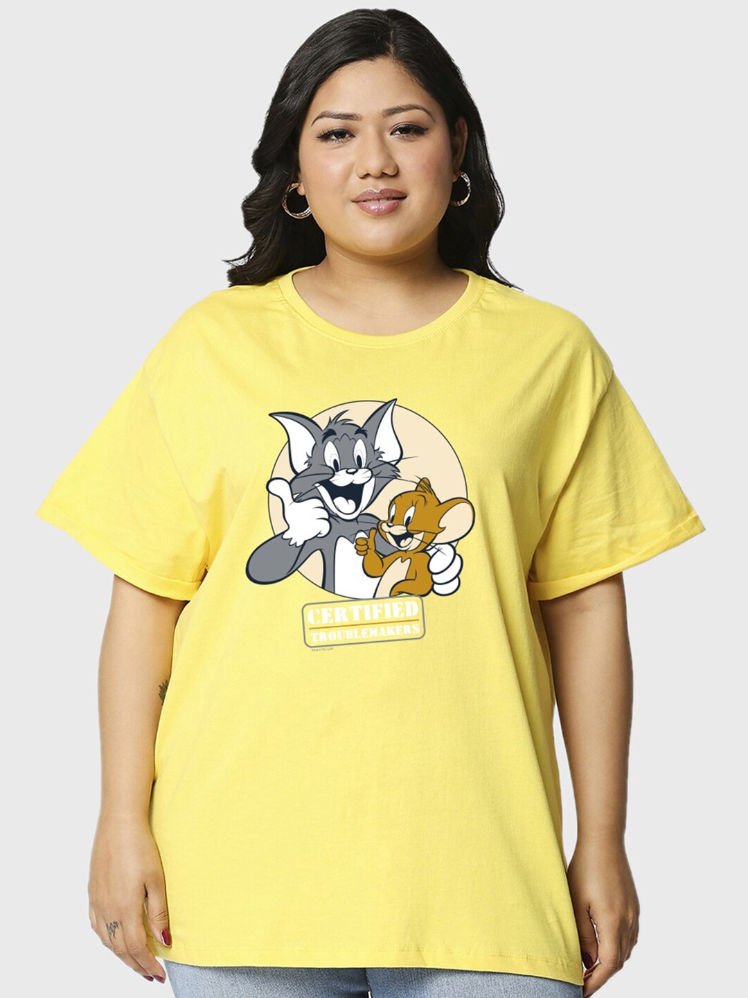 

Bewakoof Plus Size Yellow & Grey Tom & Jerry Printed Cotton Relaxed T-shirt