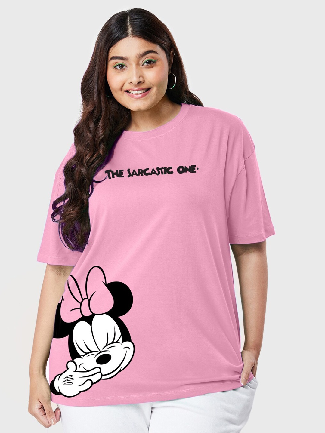 

Bewakoof Pink Plus Size Minnie Mouse Printed Drop-Shoulder Oversized T-shirt