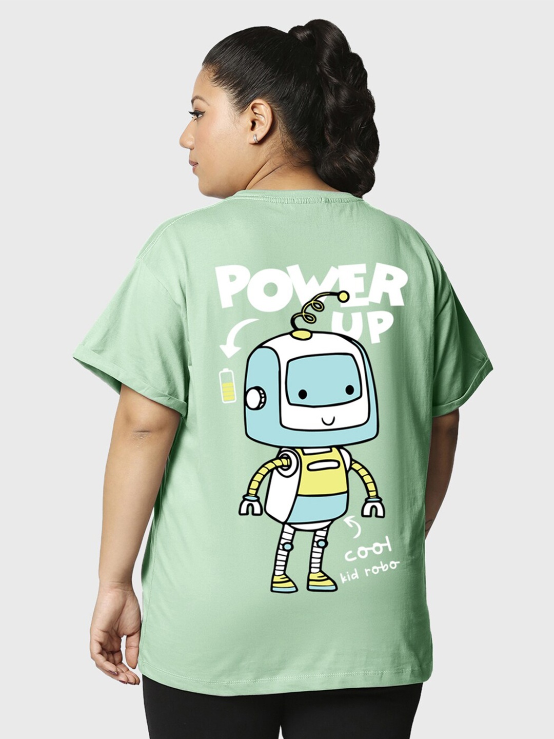 

Bewakoof Women Power Up Graphic Printed Plus Size Boyfriend T-shirt, Green