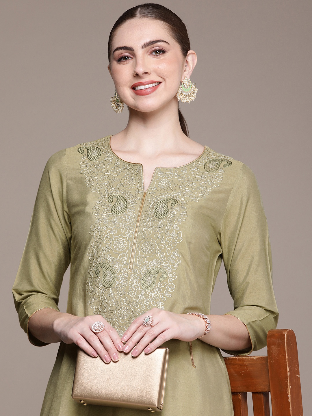 

House of Pataudi Jashn Ethnic Motifs Yoke Design Zari Work Kurta, Green