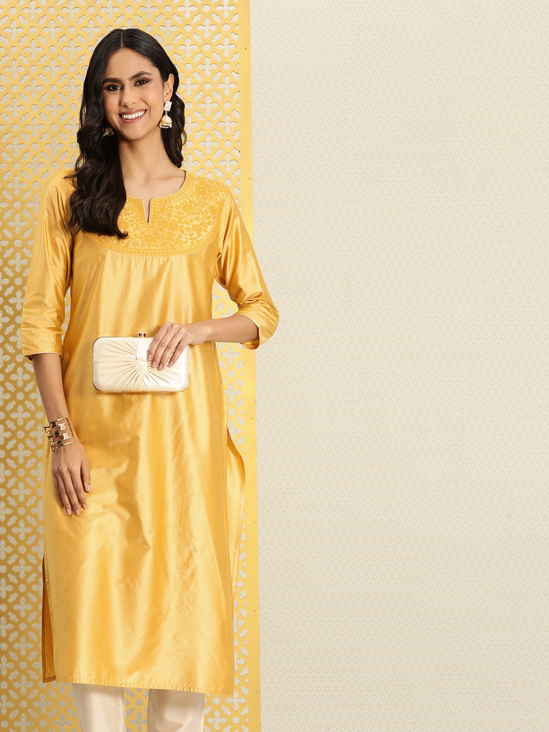 

House of Pataudi Ethnic Motifs Embroidered Thread Work Jashn Kurta, Mustard