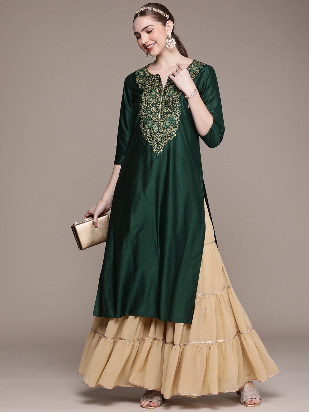

House of Pataudi Jashn Ethnic Motifs Yoke Design Zari Work Kurta, Green