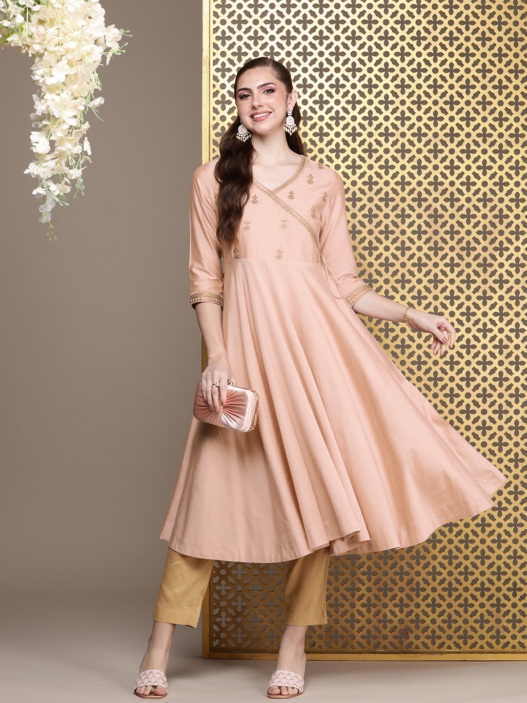 

House of Pataudi Jashn Ethnic Motifs Sequined Angrakha Kurta, Peach