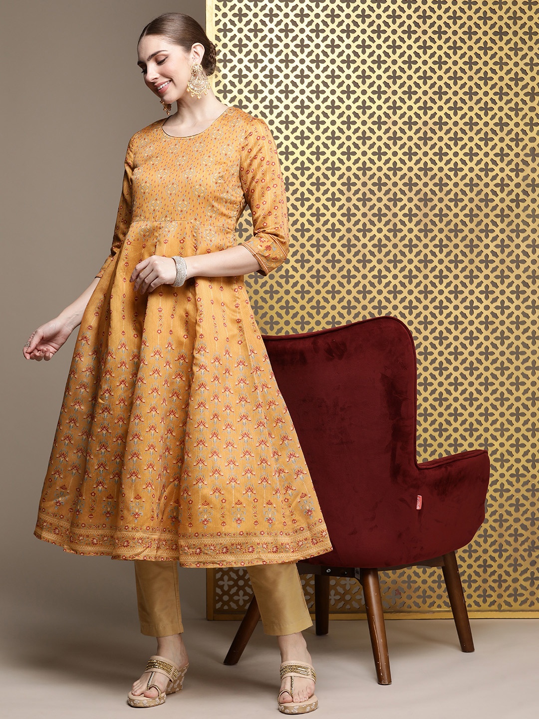 

House of Pataudi Floral Printed A-Line Jashn Kurta, Mustard