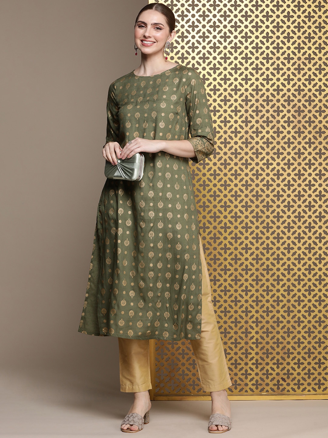 

House of Pataudi Ethnic Motifs Printed Jashn Kurta, Olive